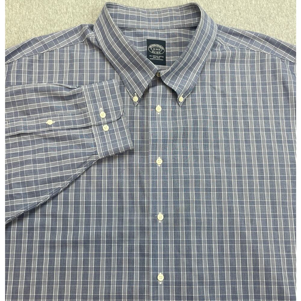 Brooks Brothers Dress Shirt Mens 20 - 34/35 Plaid 100% Supima Cotton Button Down